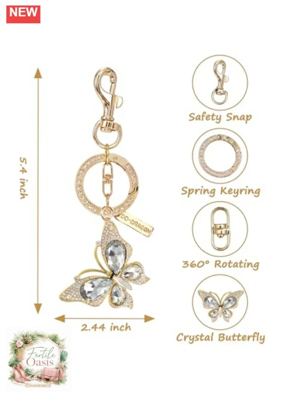 Rhinestone Butterfly Bag Charm Keychain Gold-Tone